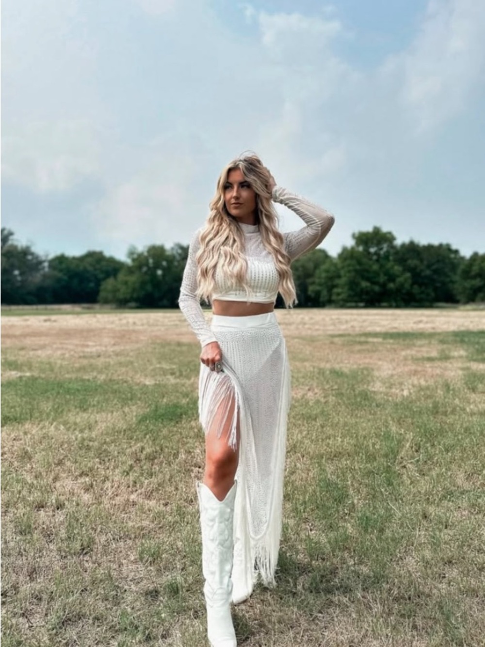 Fringe Knit Maxi Skirt in Cream Punchy Blonde